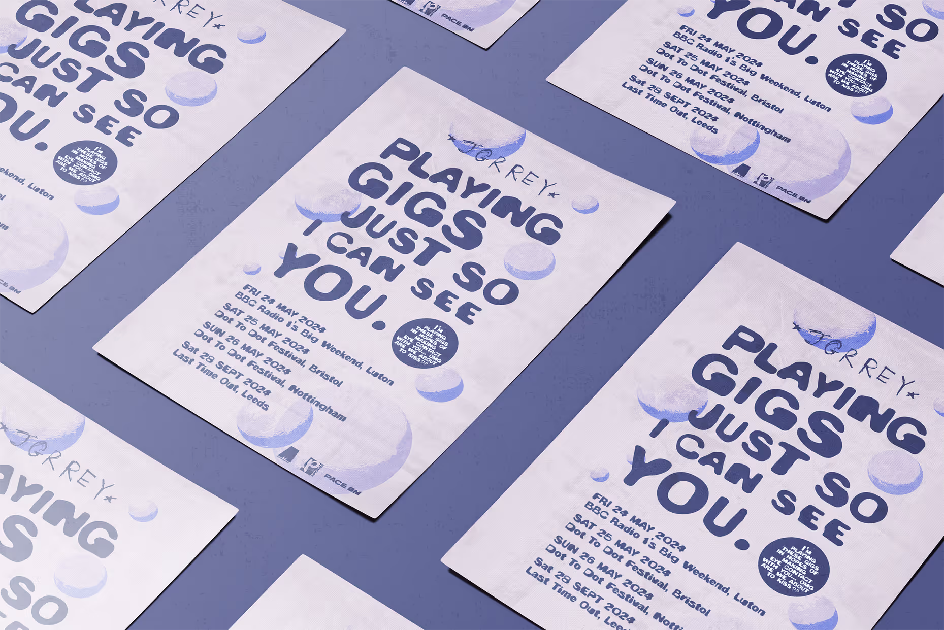Posters with text 'Playing gigs just so I can see you' and a list of music event dates and locations for May and September 2024 on a blue background.