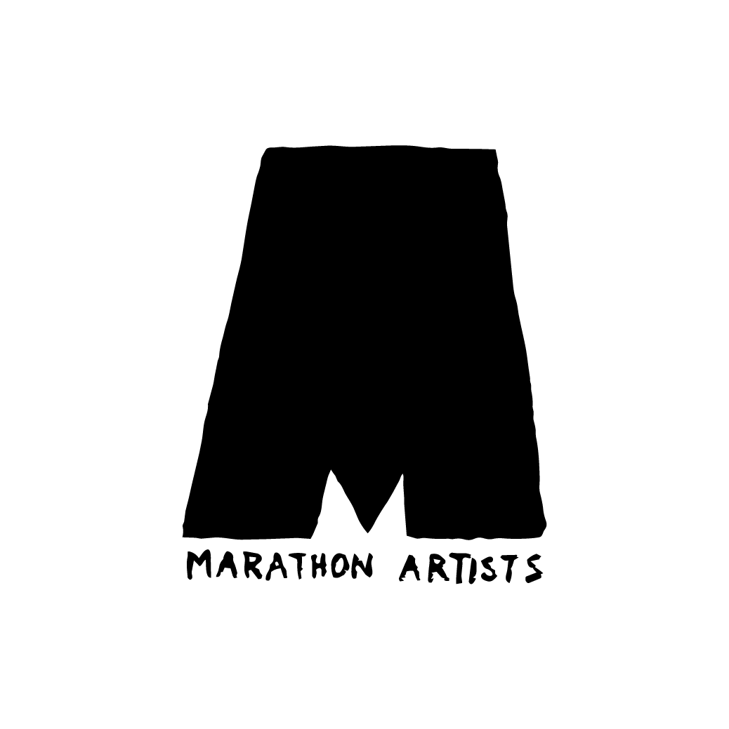 Black silhouette of shorts with a cutout forming the letter M above the text 'Marathon Artists'.