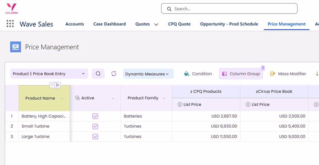 Wave Sales Price Management dashboard showing product list with columns for active status, product family, and list prices from zCPQ Products and zCirrus Price Book for Battery, High Capacity, Small Turbine, and Large Turbine.