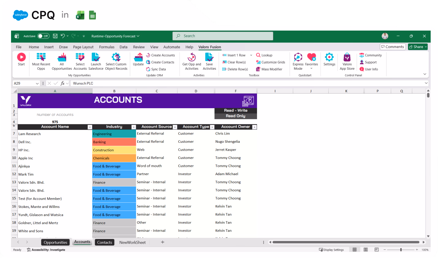 Spreadsheet in Excel showing a table of accounts with columns for Account Name, Industry, Account Source, Account Type, and Account Owner, color-coded by industry, under the section titled ACCOUNTS with 975 total accounts.
