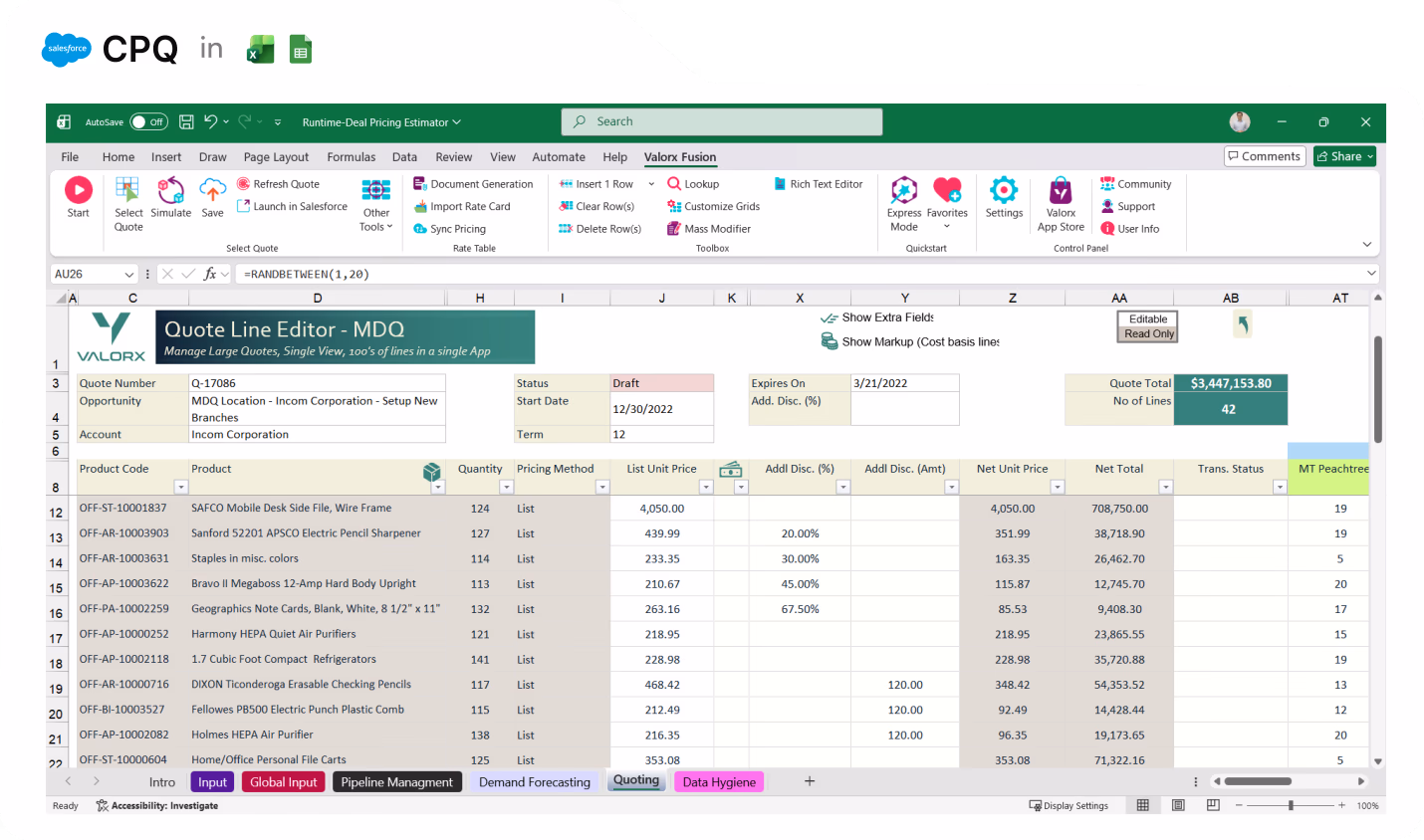 Excel-based Salesforce CPQ Quote Line Editor spreadsheet showing product codes, descriptions, quantities, pricing, discounts, net prices, and totals with a quote total of over $3.4 million.