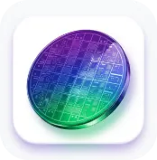 Circular silicon wafer with a grid pattern, displaying a gradient of colors from purple to green.