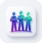 Three stylized human figures standing side by side, with gradient blue and green colors on a rounded square white background.