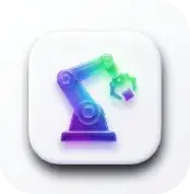 Icon of a robotic arm with a gradient blue, purple, and green color on a rounded white square background.