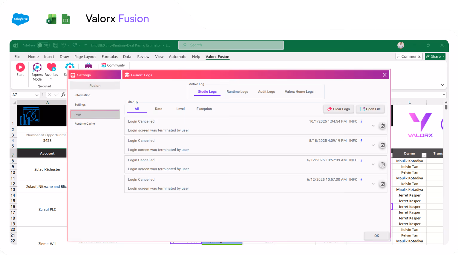 Screenshot of Valorx Fusion software integrated with Excel showing log settings with login cancelled entries and a spreadsheet listing accounts and owners.