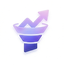 Purple icon of an upward arrow chart combined with a funnel shape on a white rounded square background.