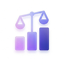 Icon of a balance scale above three ascending bar chart columns in gradient purple and blue colors.