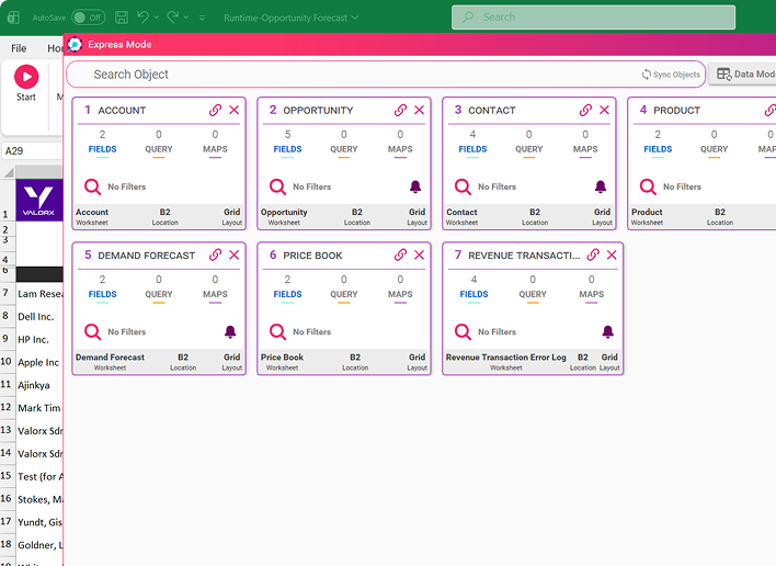 Dashboard window titled Express Mode showing seven linked data objects: Account, Opportunity, Contact, Product, Demand Forecast, Price Book, and Revenue Transaction Error Log, each with details on fields, queries, and maps, with a background spreadsheet visible.