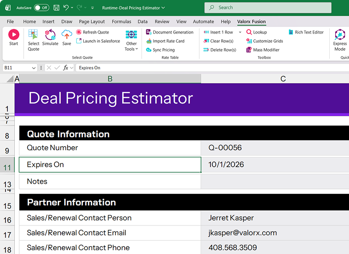 Excel spreadsheet titled Deal Pricing Estimator showing Quote Information with Quote Number Q-00056 and expiration date 10/1/2026, and Partner Information including contact person Jerret Kasper, email jkasper@valorx.com, and phone 408.568.3509.