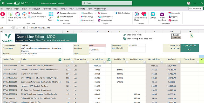 Excel spreadsheet titled Deal Pricing Estimator showing quote information, customer price, equipment summary with a bar chart, and detailed equipment scope and pricing data.