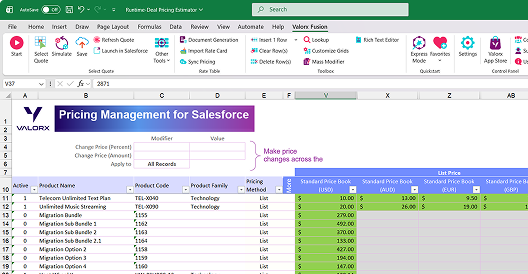 Wave Sales Price Management dashboard showing product list with columns for active status, product family, and list prices from zCPQ Products and zCirrus Price Book for Battery, High Capacity, Small Turbine, and Large Turbine.