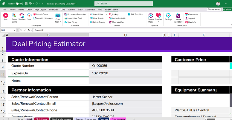 Screenshot of a spreadsheet titled Pipeline Management showing account names, opportunity names, amounts, stages, probabilities, payment terms, close dates, campaigns, owners, and transaction statuses with the Valorx and Salesforce logos.