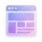 Icon of a stylized webpage layout with header, content blocks, and text lines in purple gradient.
