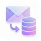 Icon of a purple and white envelope with an arrow pointing to a purple database stack representing smart email import.