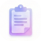 Purple clipboard icon with a paper sheet and lines representing text against a rounded white background.