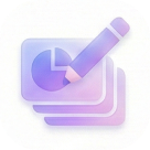 Icon of a pencil drawing on a pie chart over stacked documents in purple shades.