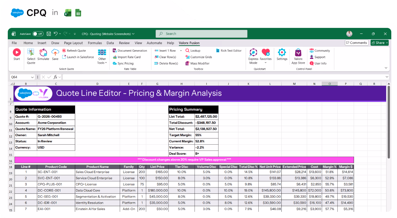 Excel spreadsheet titled Quote Line Editor - Pricing & Margin Analysis showing quote details, pricing summary, and product line items with columns for product code, name, quantity, pricing, discounts, cost, margin, and margin dollars.