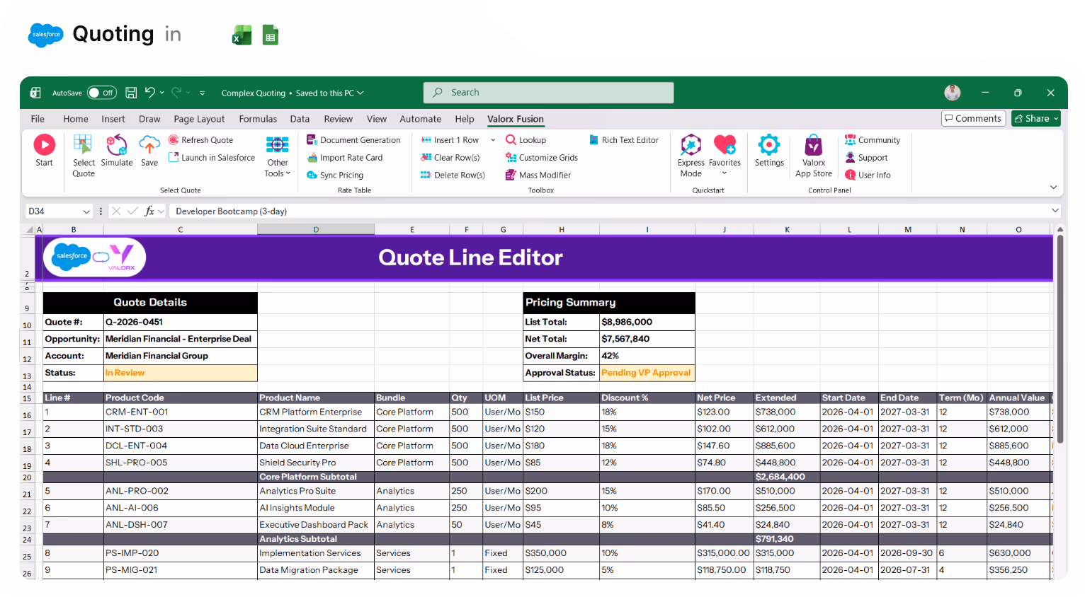 Excel spreadsheet titled Quote Line Editor showing detailed product quotes with pricing summary including list total of $8,986,000, net total $7,567,840, 42% margin, and pending VP approval status.