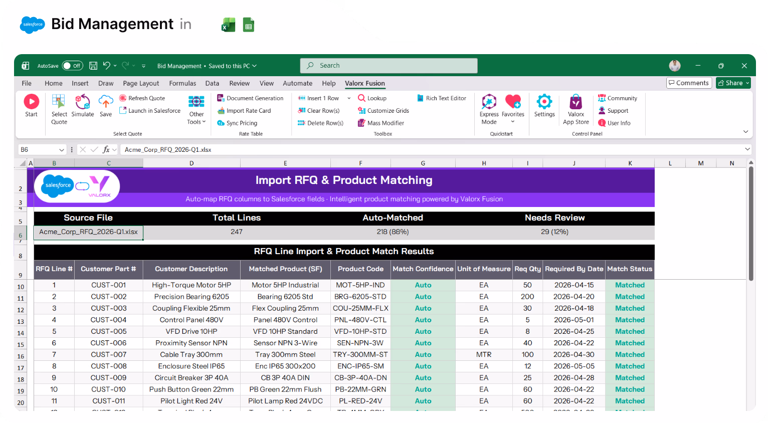 Excel spreadsheet showing import RFQ and product matching details with columns for RFQ line number, customer part, description, matched product, product code, match confidence, unit of measure, required quantity, required by date, and match status.