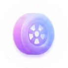 Blue and purple stylized automotive wheel icon with five spokes.