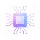 Illustration of a purple and blue microchip with circuit lines extending outward.
