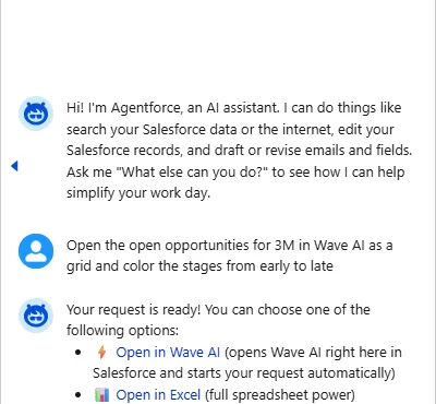 Agentforce reply with Open in Wave AI and Open in Excel links