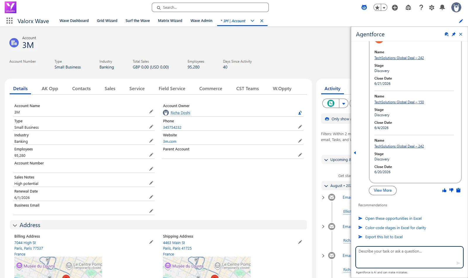 The Agentforce panel on the 3M account page listing open opportunities as cards