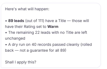 Wave AI review: 89 leads with a title will be set to Warm, 22 left unchanged