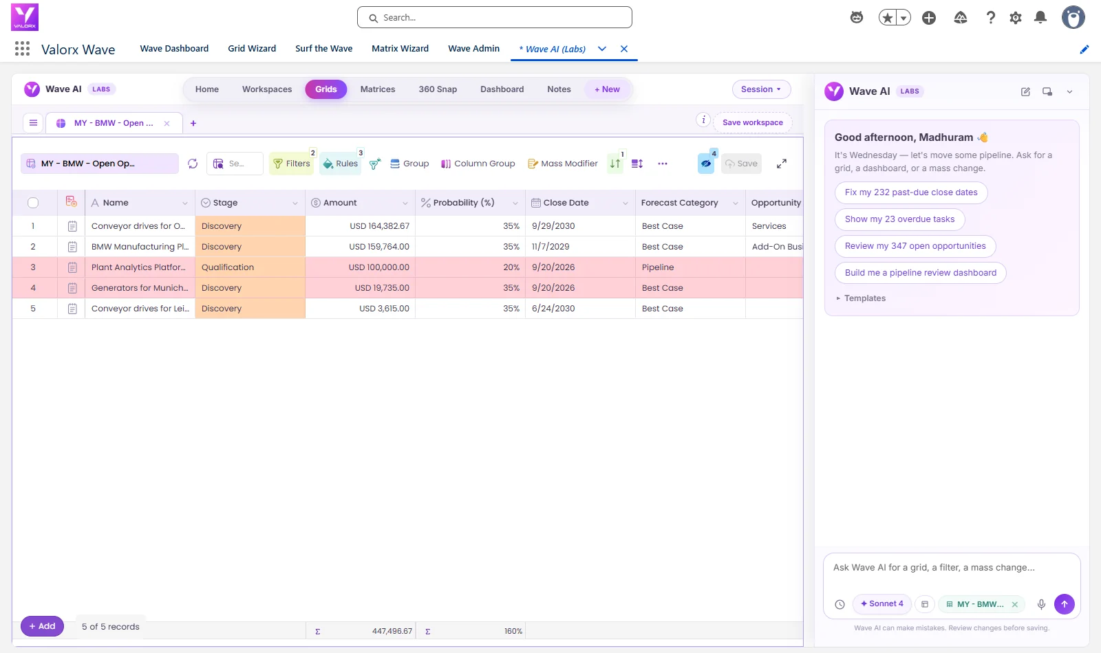 Wave AI grid of five open BMW deals with stage, amount, probability, close date and forecast category