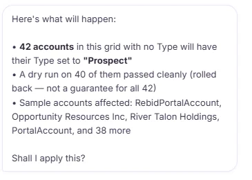 Wave AI review: 42 accounts with no type will be set to Prospect, dry run on 40 passed