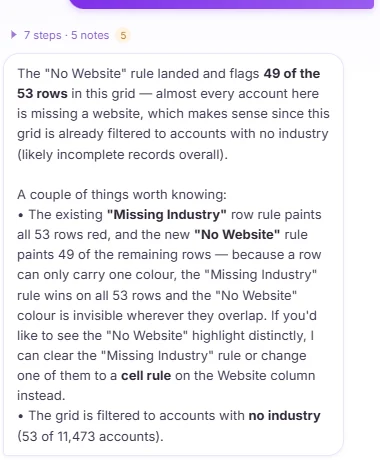 Wave AI explains the No Website rule flags 49 of 53 rows and how it overlaps the Missing Industry rule
