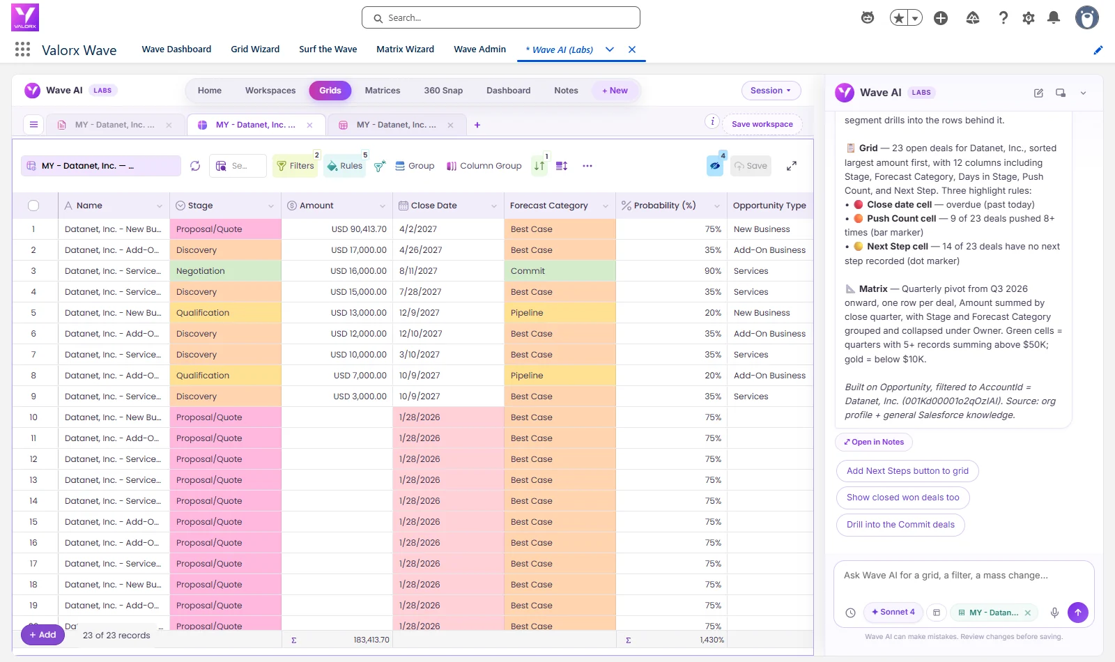 Wave AI grid of 23 Datanet deals, 14 with a red past-due close date of 1/28/2026 and no amount