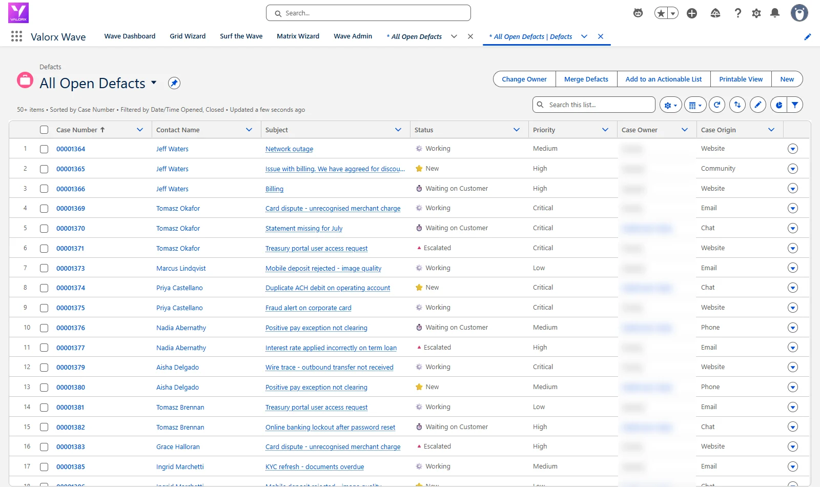 Before: the standard All Open Defacts list view in Salesforce, 50+ items with escalated cases scattered among them