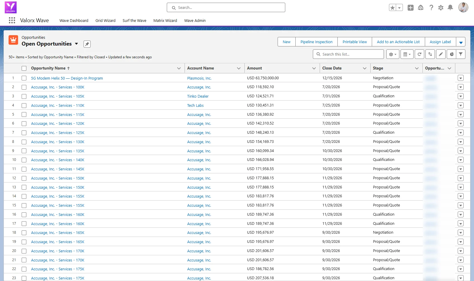 Before: the standard Open Opportunities list view in Salesforce, 50+ deals with no Next Step column