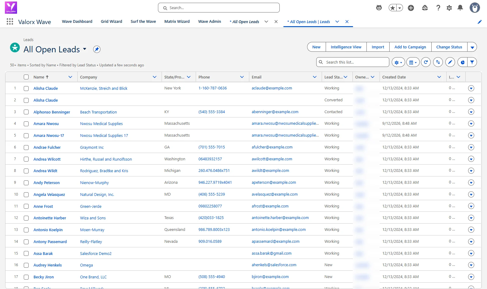Before: the standard All Open Leads list view in Salesforce, 50+ leads with no Rating column