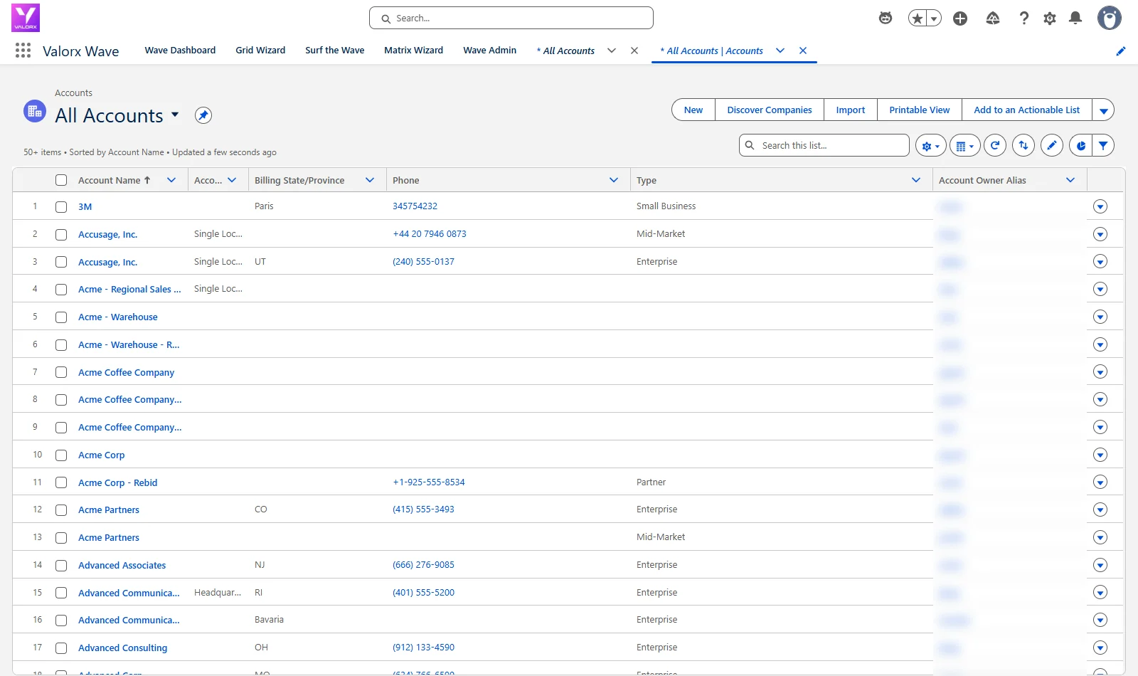 Before: the standard All Accounts list view in Salesforce, 50+ accounts with no Industry column