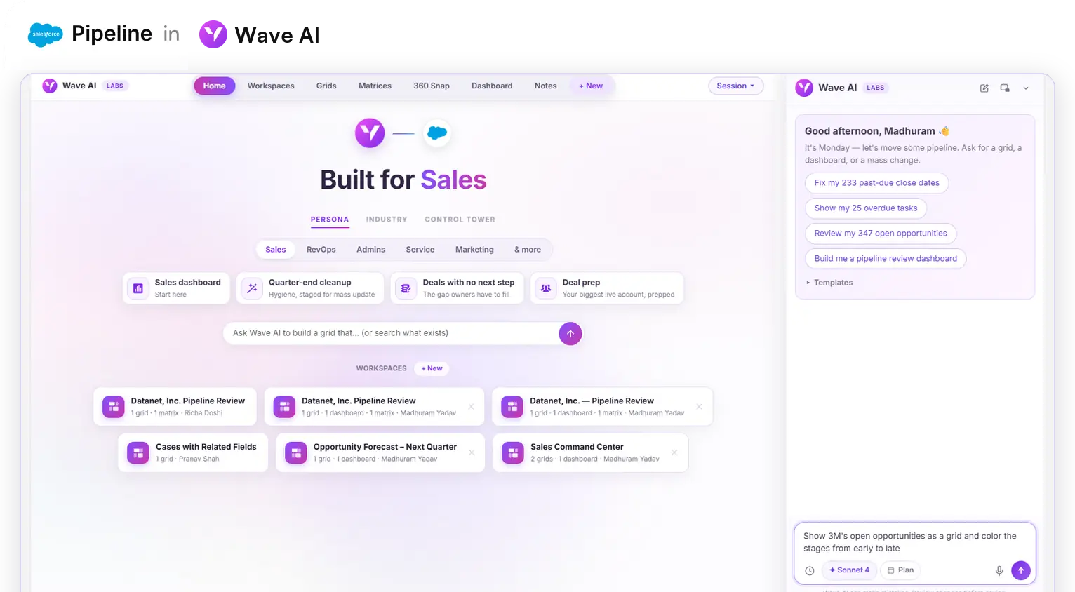 Wave AI inside Salesforce: a prompt on the Wave AI home screen builds a grid of 3M's 1,074 open opportunities with stages colored from early to late.