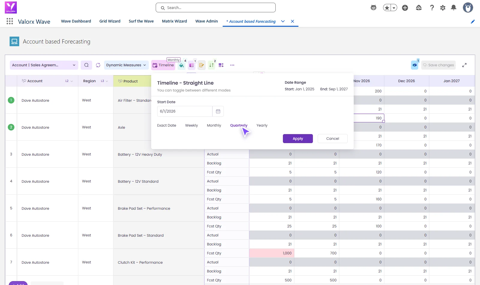 Valorx Wave Matrix timeline settings with a start date, date range and exact date, weekly, monthly, quarterly and yearly views.