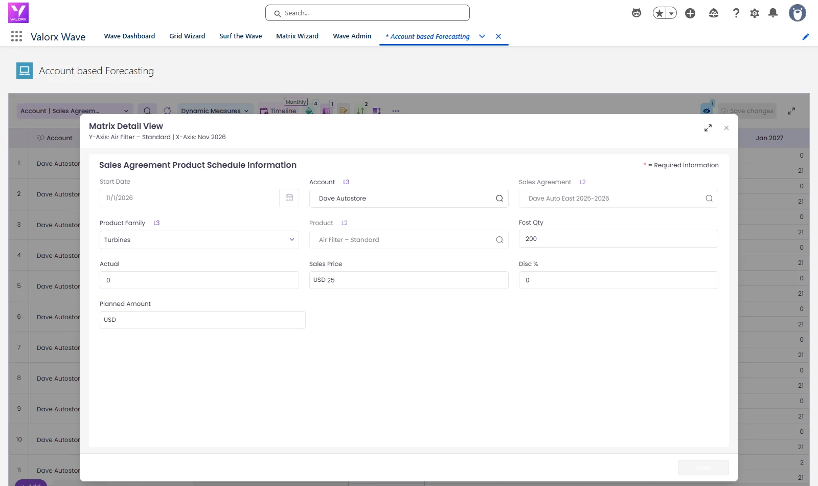 The Matrix Detail View in Valorx Wave showing the sales agreement product schedule behind one forecast cell.