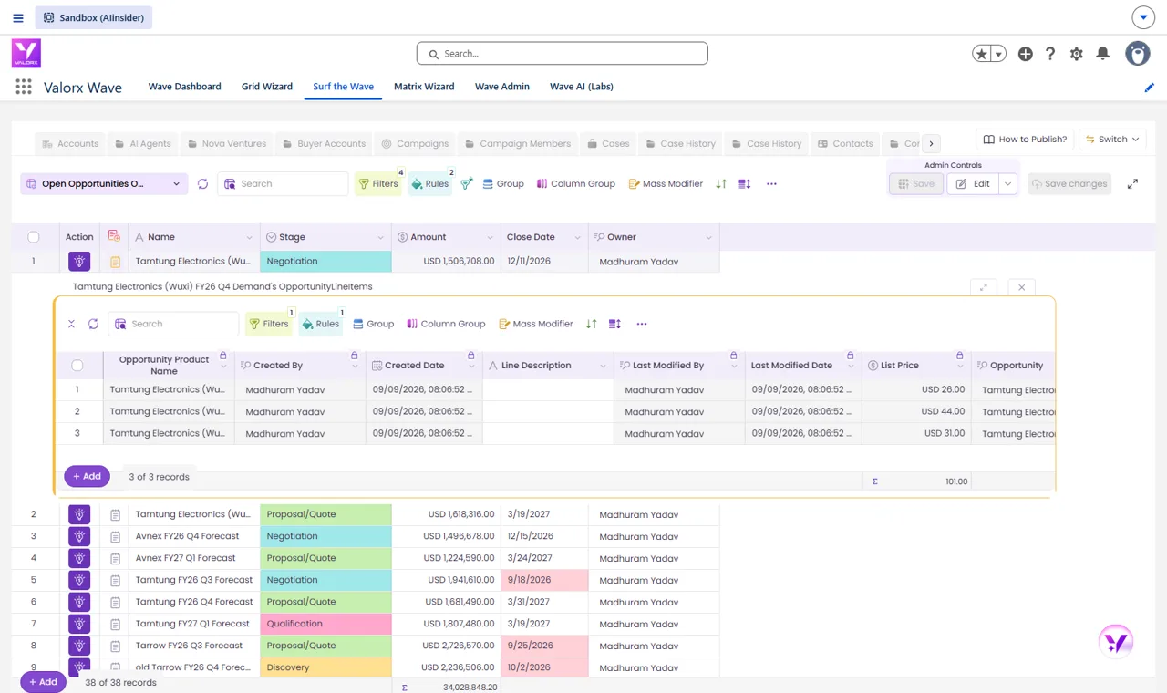 Valorx Wave pipeline grid built by Wave AI with opportunity line items open under a deal