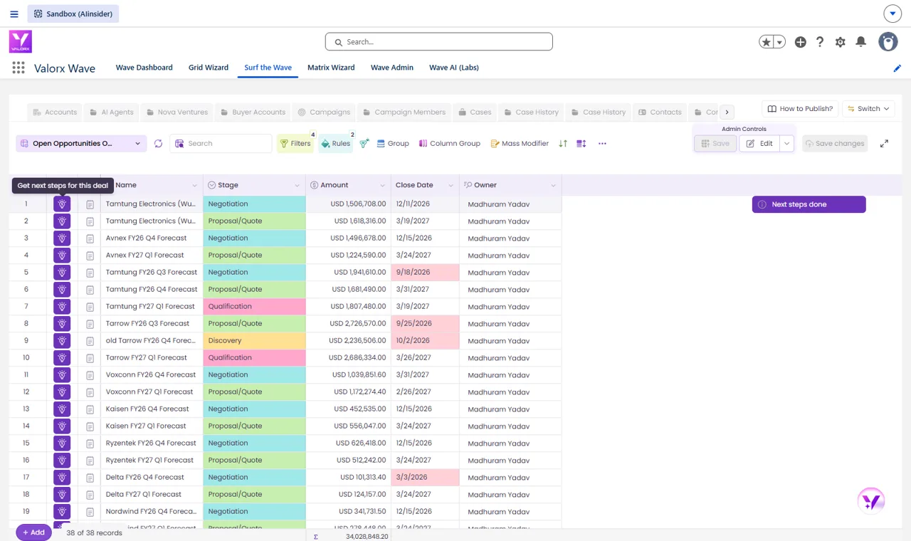 A Salesforce flow run from a row action button in a Valorx Wave grid