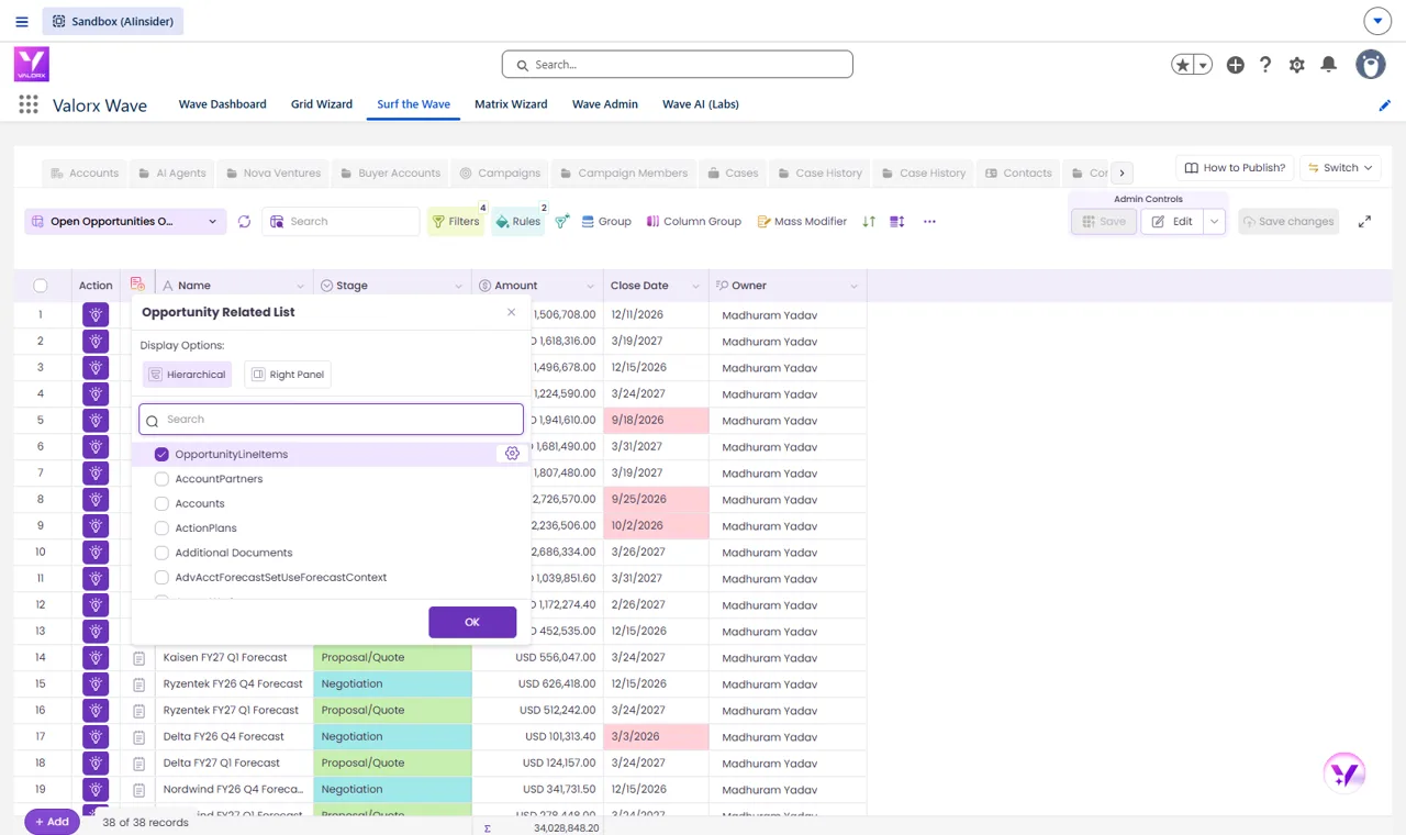 The related list picker in Valorx Wave adding Opportunity Line Items to a grid