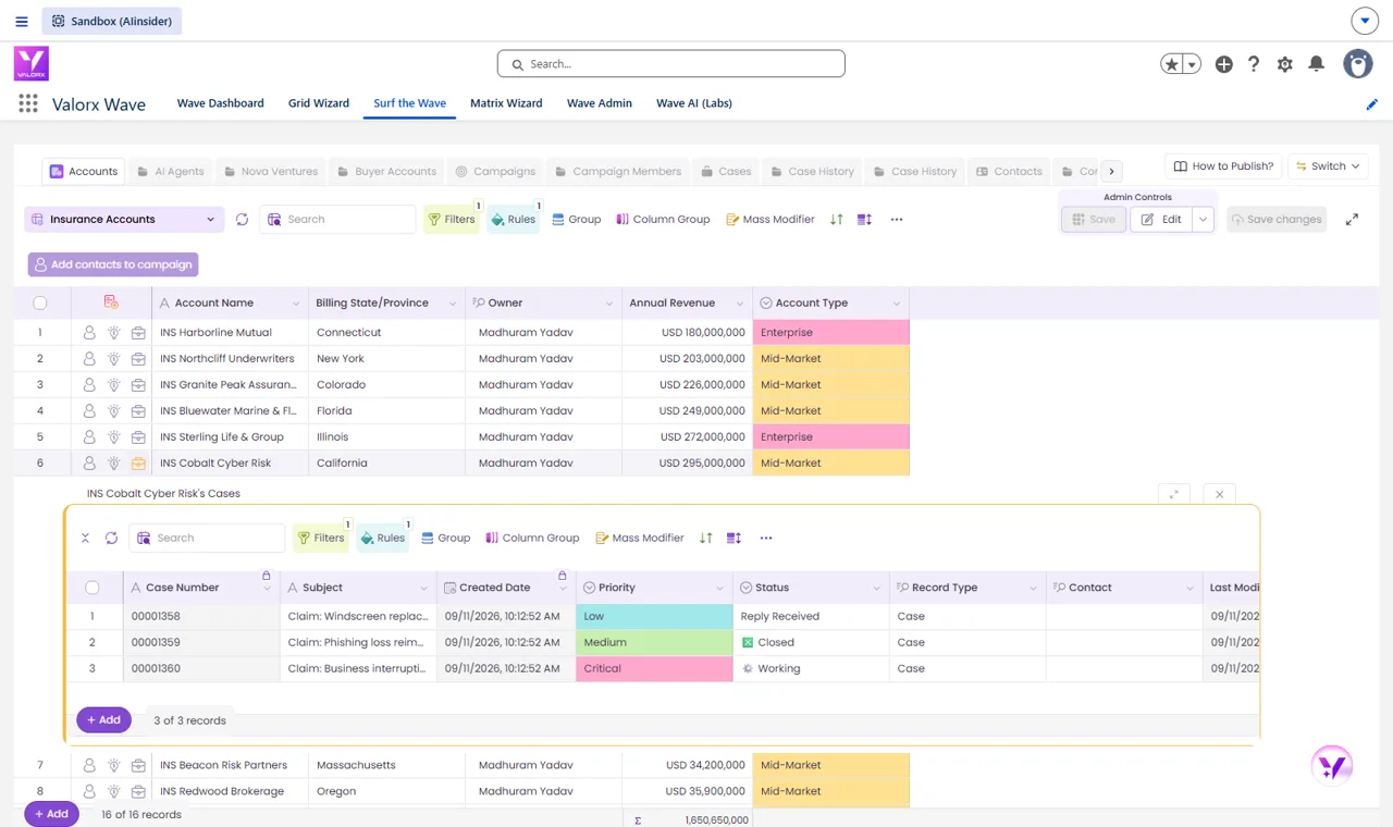 Cases related list with priority and status open under an account row in Valorx Wave