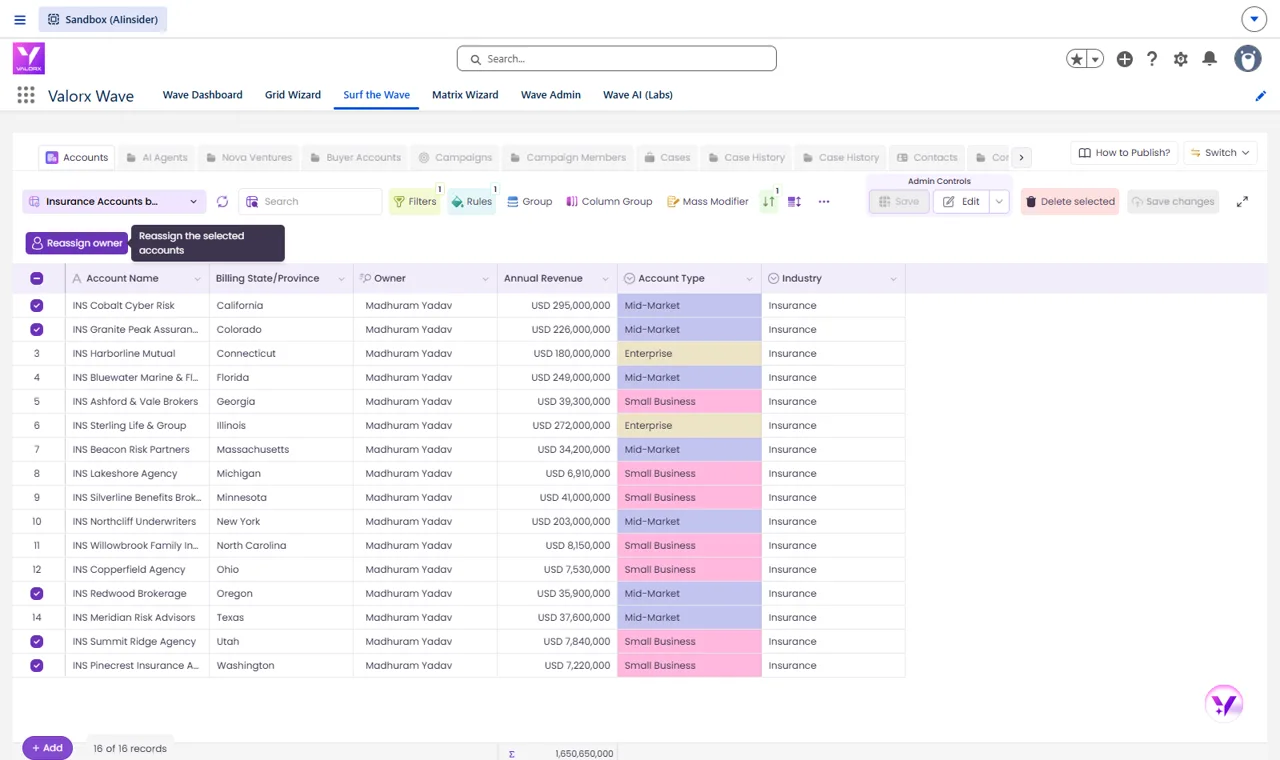 West Coast accounts selected in a Valorx Wave grid with the Reassign owner flow button