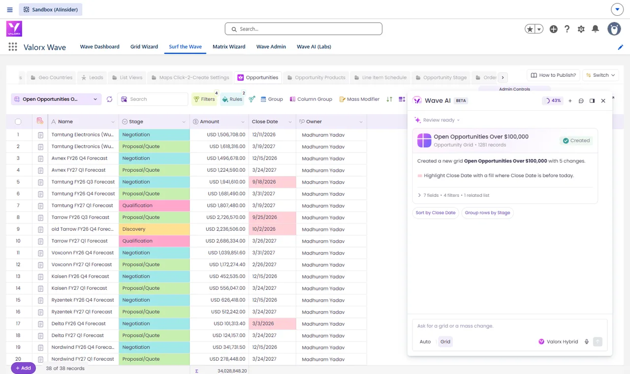 Wave AI confirms a new grid, Open Opportunities Over $100,000, created with 7 fields, 4 filters and 1 related list
