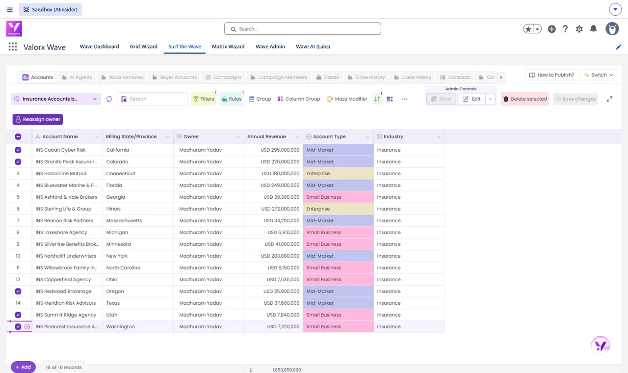 Territory reassignment walkthrough: West Coast accounts selected