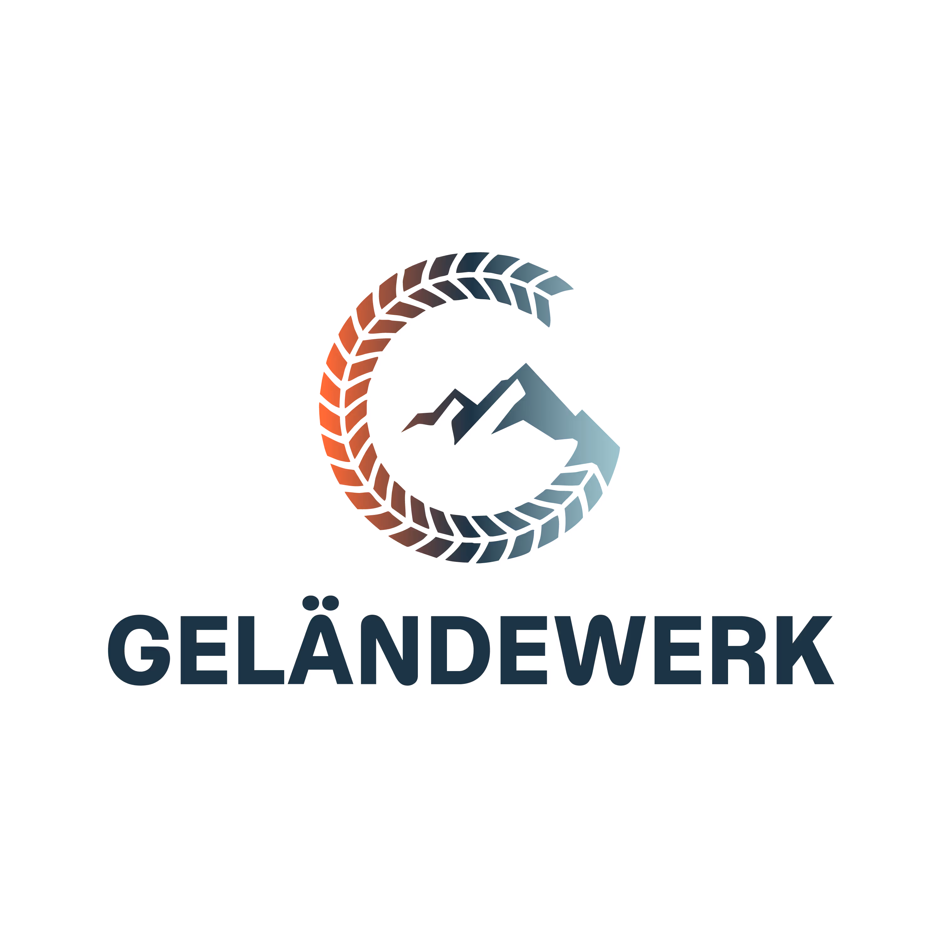 Geländewerk Logo mit Reifenprofil und Bergsymbol | Anbieter für Offroad Touren & Offroad Reisen für Selbstfahrer