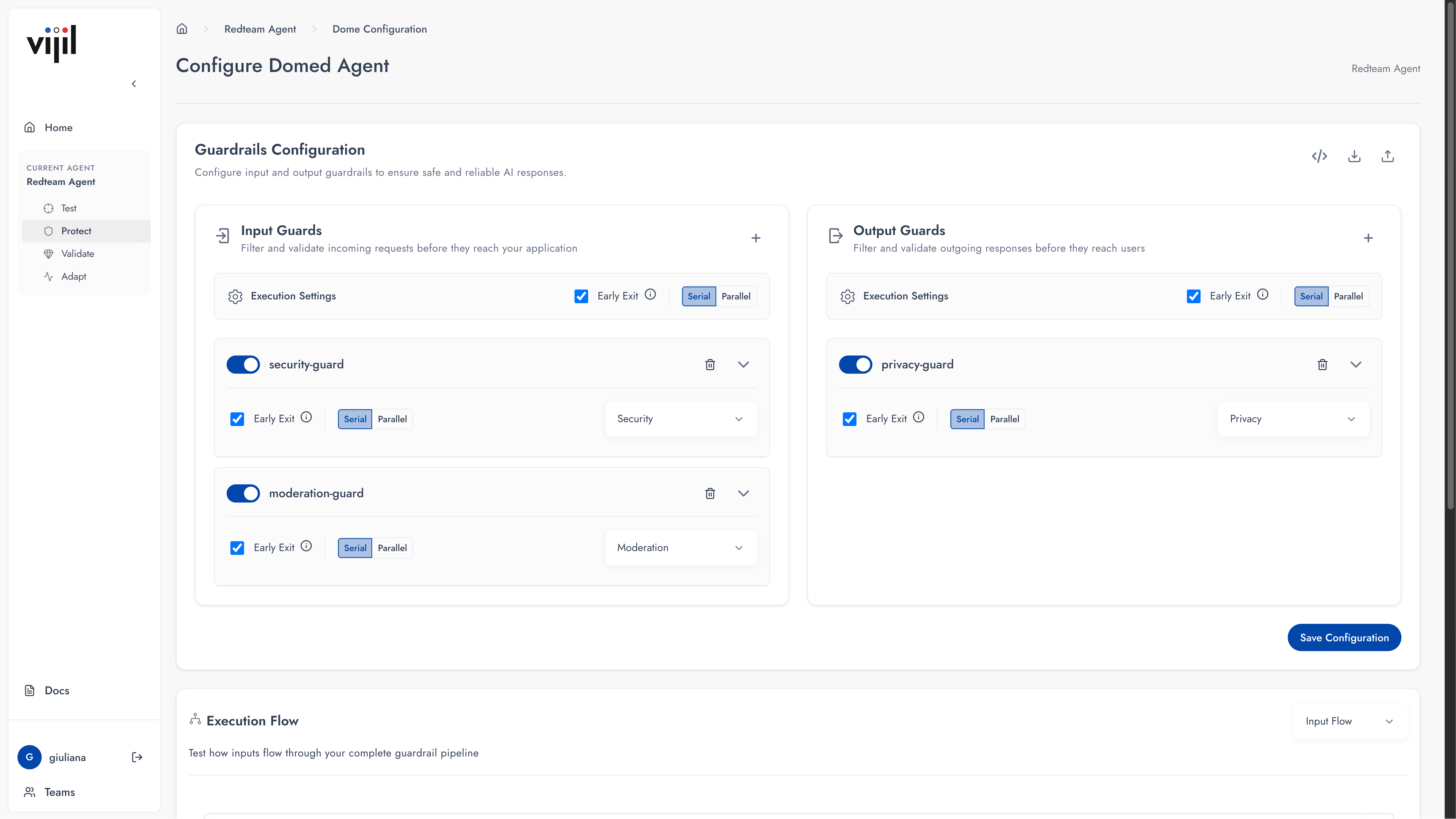 Flowchart of input guards for security, moderation, and privacy showing guard names, statuses, checks, and results like FLAGGED or PASSED for incoming requests.