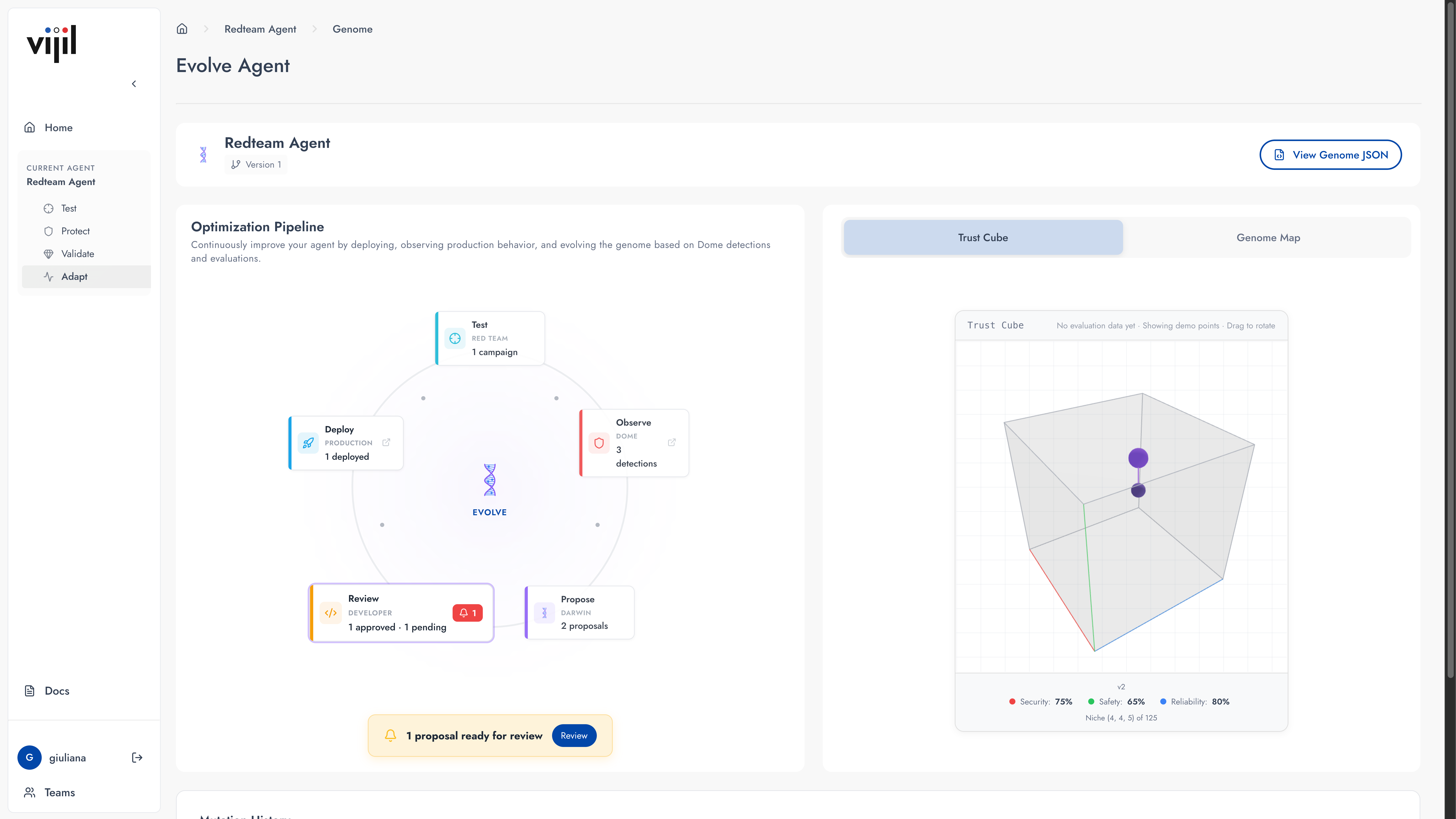 User interface showing execution traces and logs with trace details including input, output, and toxicity detection results marked as passed.