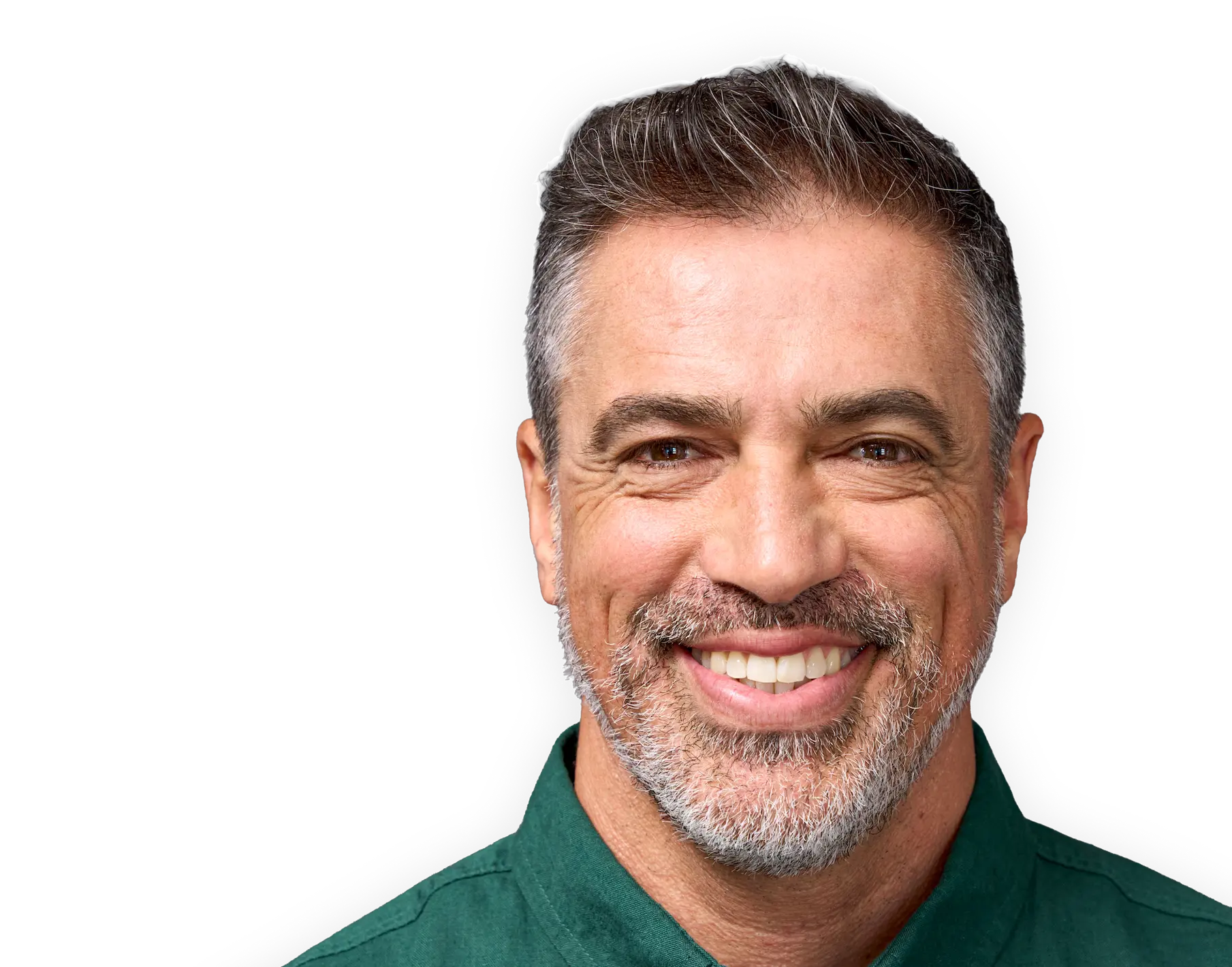 Smiling middle-aged man with salt-and-pepper hair and a beard wearing a green shirt.